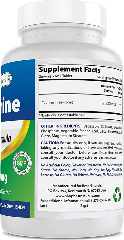 Best Naturals Taurine 1000 mg 250 Tablets - Supports Eye Health, Healthy Cellular Activity and Cardiovascular Health