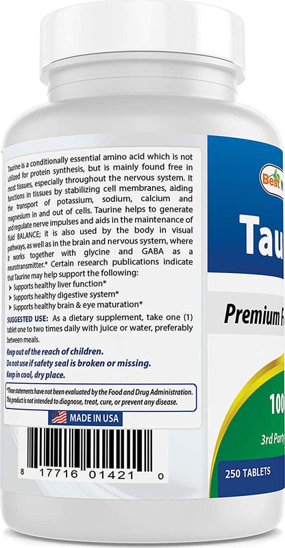 Best Naturals Taurine 1000 mg 250 Tablets - Supports Eye Health, Healthy Cellular Activity and Cardiovascular Health