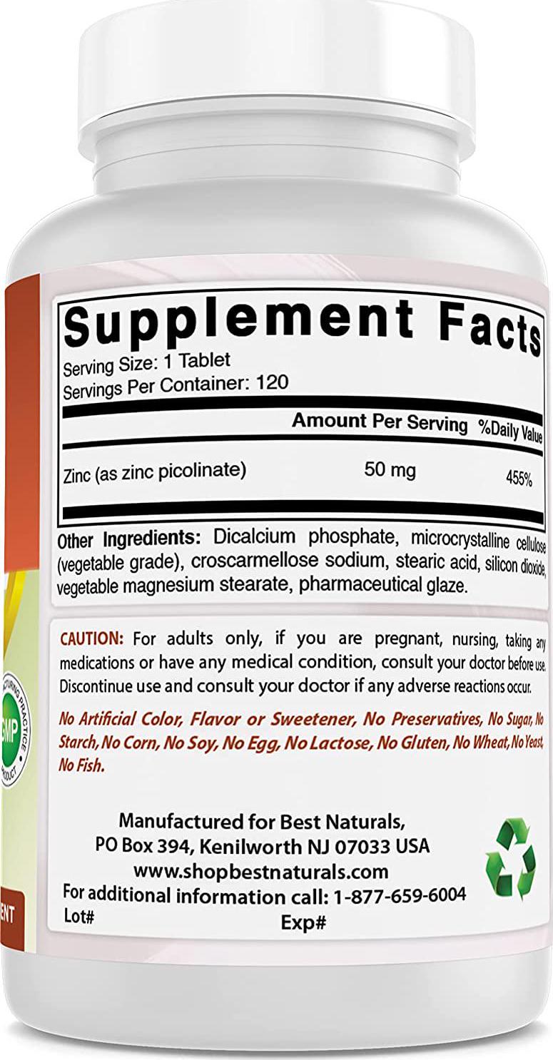 Best Naturals Zinc 50mg Supplements (as Zinc Picolinate) - Zinc Vitamins for Adults Immune Support - 120 Tablets (120 Count (Pack of 2))