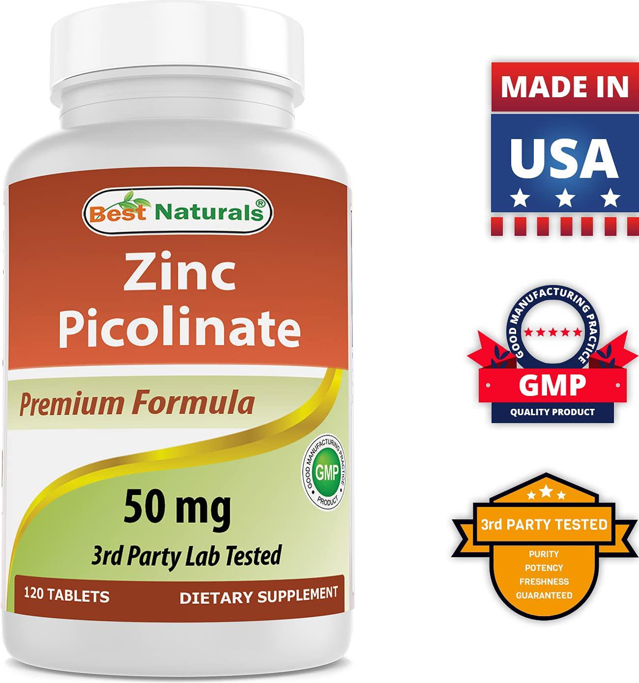 Best Naturals Zinc 50mg Supplements (as Zinc Picolinate) - Zinc Vitamins for Adults Immune Support - 120 Tablets (120 Count (Pack of 2))