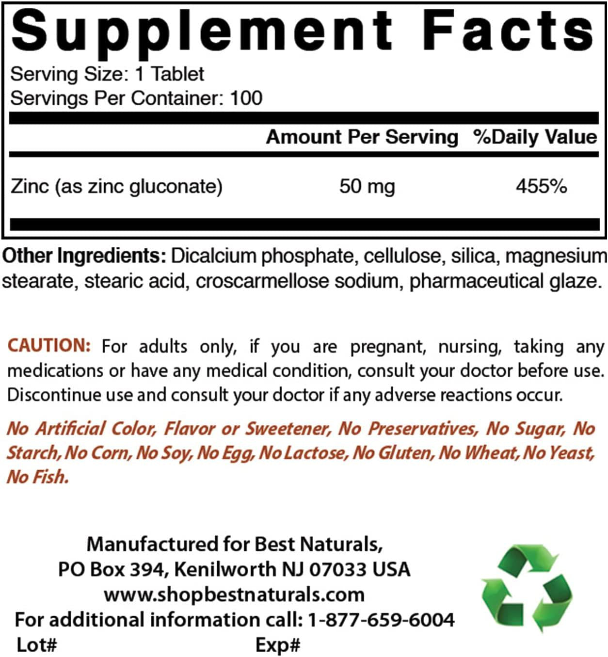 Best Naturals Zinc 50mg Supplements (as Zinc Gluconate) - Zinc Vitamins for Adults Immune Support - 100 Tablets (100 Count (Pack of 3))