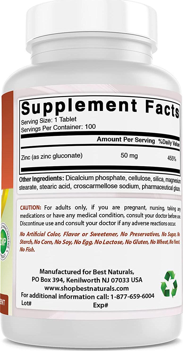 Best Naturals Zinc 50mg Supplements (as Zinc Gluconate) - Zinc Vitamins for Adults Immune Support - 100 Tablets (100 Count (Pack of 3))