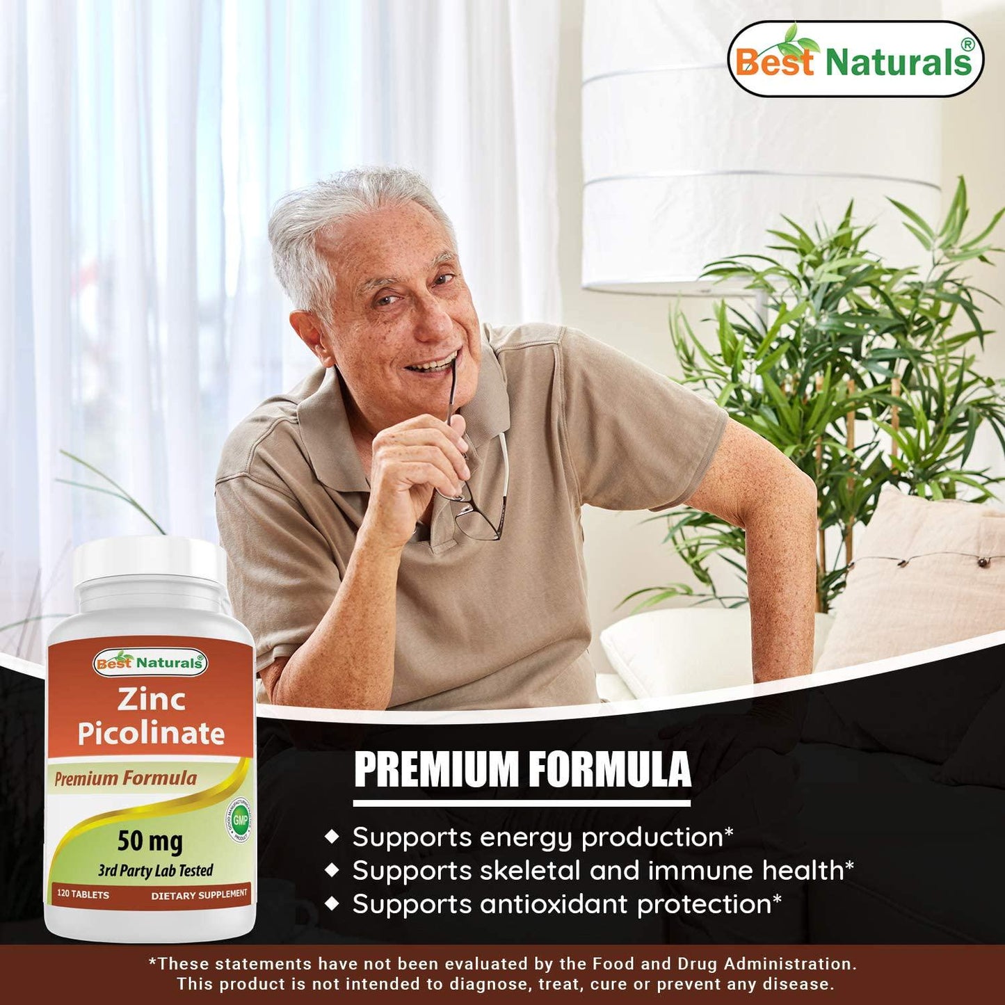 Best Naturals Zinc 50mg Supplements (as Zinc Picolinate) - Zinc Vitamins for Adults Immune Support - 120 Tablets (120 Count (Pack of 2))