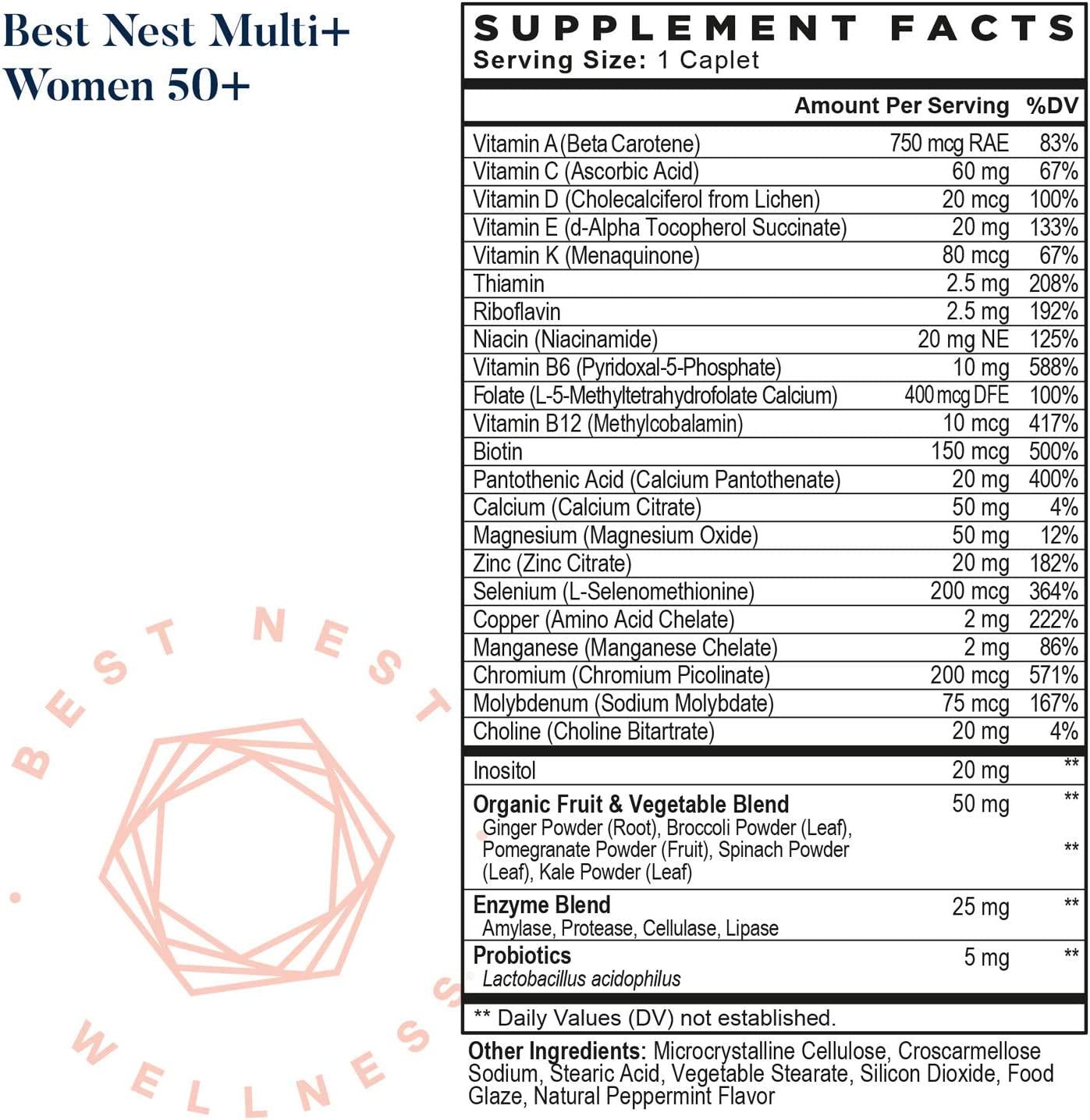 Best Nest Multi+ for Women Over 50, Methylfolate (Folic Acid), Natural Whole Food Organic Blend, Once Daily Vitamins, Immune Support, 30 Ct, Best Nest Wellness