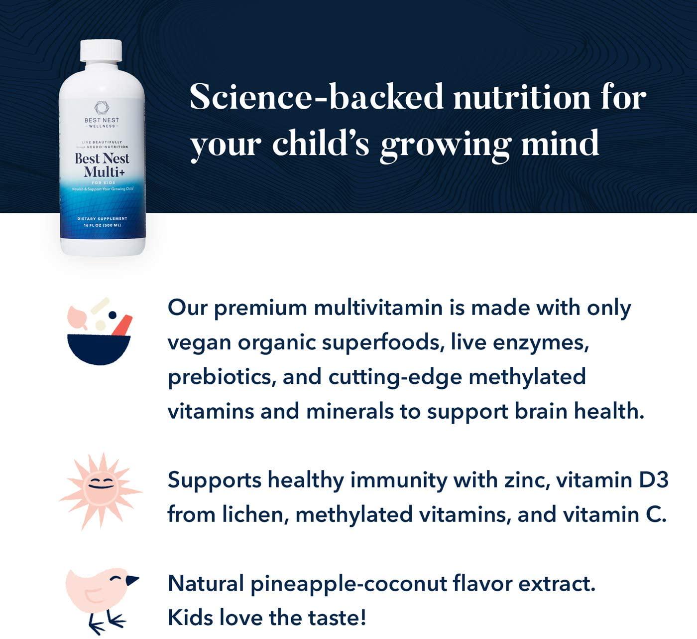 Best Nest Multi+ for Kids Tropical Flavor, Liquid Multivitamin, Methylfolate (Folic Acid), Methylcobalamin, Complete, Natural Whole Food Blend, Prebiotics, Immune Support, 16 oz, Best Nest Wellness