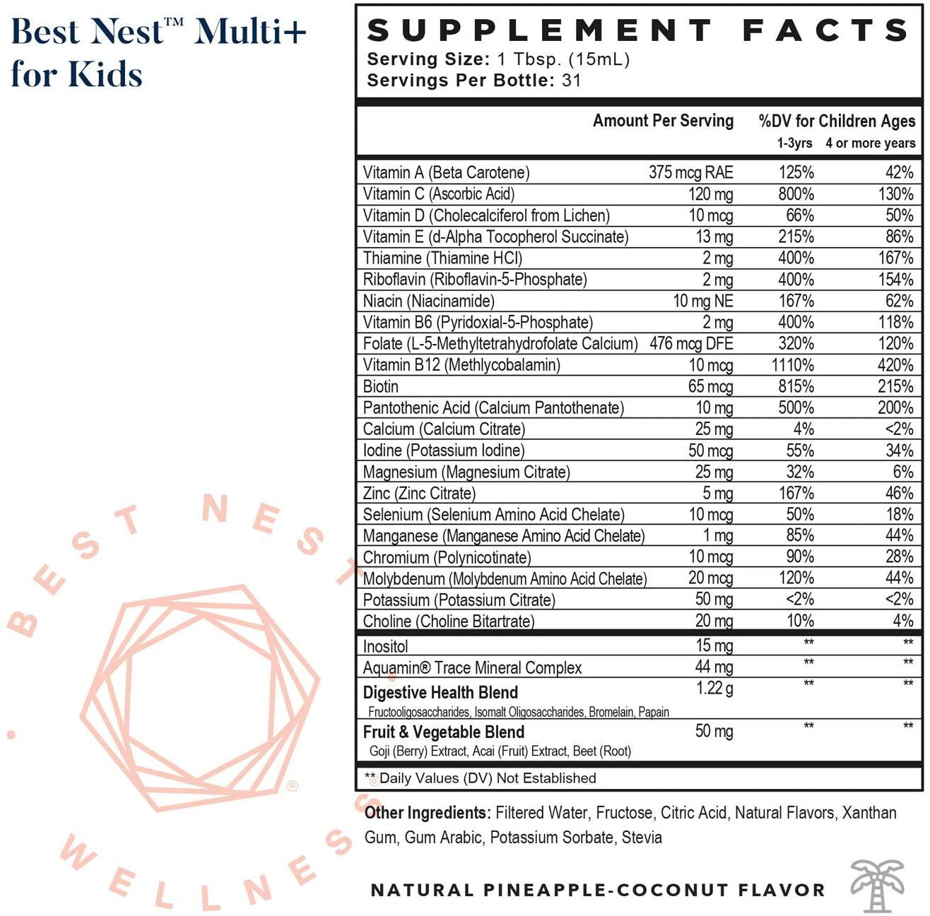 Best Nest Multi+ for Kids Tropical Flavor, Liquid Multivitamin, Methylfolate (Folic Acid), Methylcobalamin, Complete, Natural Whole Food Blend, Prebiotics, Immune Support, 16 oz, Best Nest Wellness