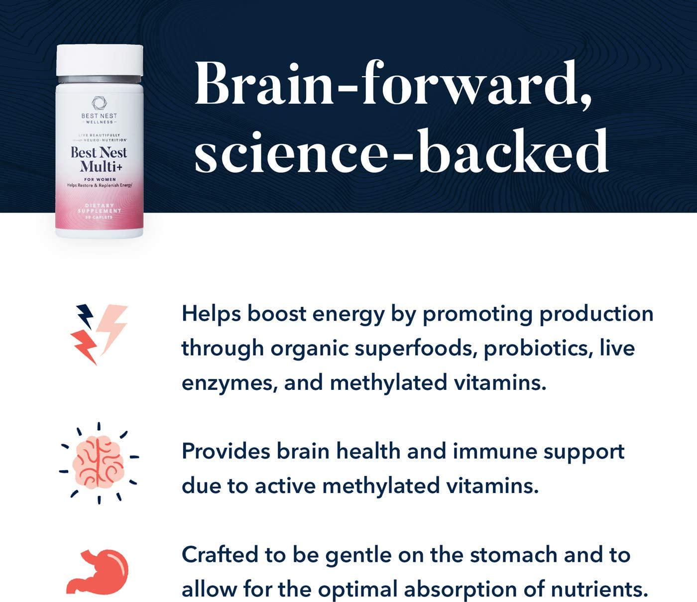 Best Nest Women's Multi+ | Methylfolate, Methylcobalamin (B12), Vegan, Multivitamins, Probiotics, Made with 100% Natural Whole Food Organic Blend, Once Daily Multivitamin Supplement, 30 Ct