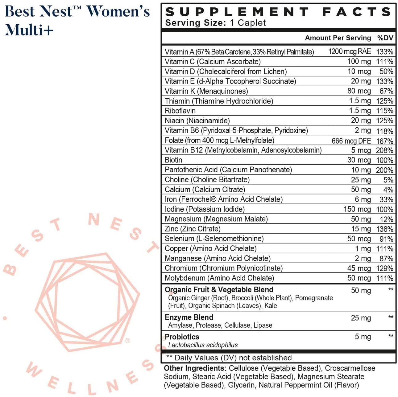Best Nest Women's Multi+ | Methylfolate, Methylcobalamin (B12), Vegan, Multivitamins, Probiotics, Made with 100% Natural Whole Food Organic Blend, Once Daily Multivitamin Supplement, 30 Ct