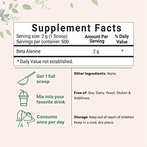 Beta Alanine Powder, Pure Beta Alanine Supplement, 2.2 Pounds (500 Days Supply), Filler Free, Amino Energy Pre Workout, Unflavored, Non-GMO and Vegan Friendly