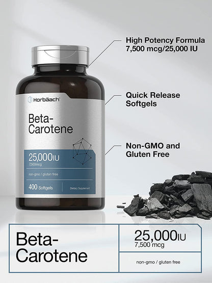 Beta Carotene 25000 iu Softgels | 7,500 mcg | 400 Count | Non-GMO and Gluten Free Formula | Vitamin A as Beta-Carotene Supplement | Value Size | by Horbaach