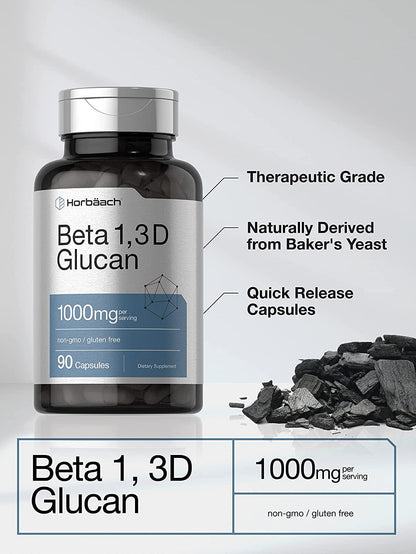 Beta Glucan 1 3D 500 mg | 90 Capsules | Healthy Immune Support | Beta 1,3, 1,6 D Glucan | Non-GMO, Gluten Free Supplement | by Horbaach