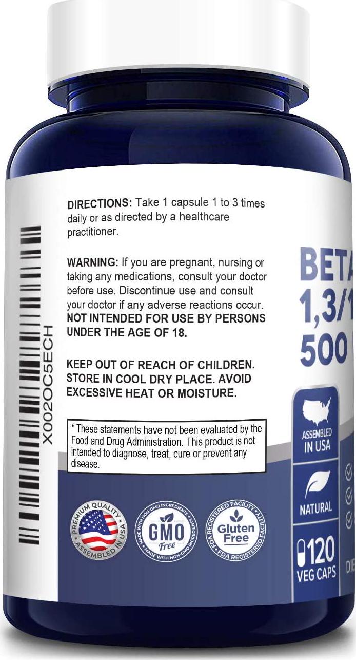 Beta Glucans 500 mg | 120 Veggie Capsules | Beta 1,3, 1,6 D Glucan | Non-GMO, Gluten -Free, Vegan