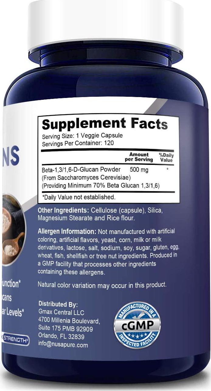 Beta Glucans 500 mg | 120 Veggie Capsules | Beta 1,3, 1,6 D Glucan | Non-GMO, Gluten -Free, Vegan