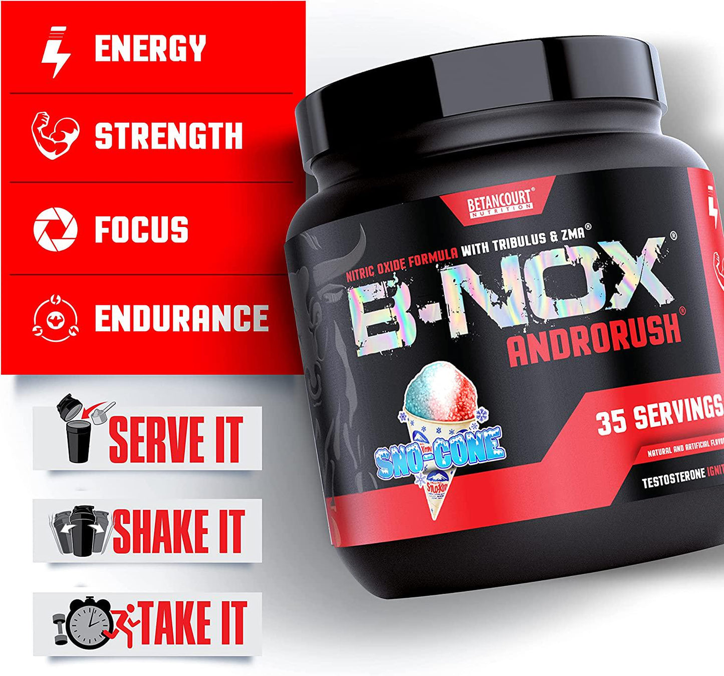 Betancourt Nutrition B-Nox Androrush Pre Workout Supplement with 3 Creatine Blend, BCAA s, Beta-Alanine, and Energy- SNO-Cone, 35 Servings