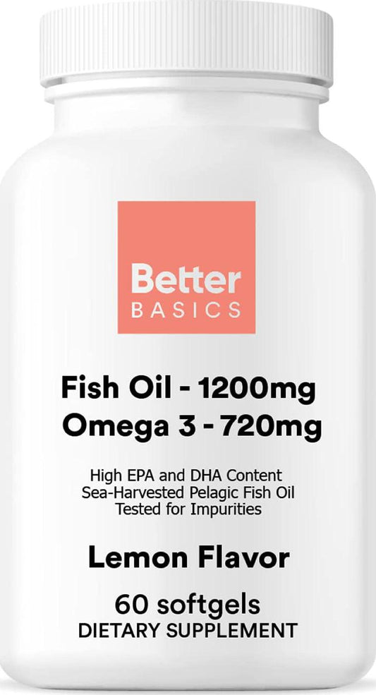 BetterBasics Omega-3 Fish Oil - DHA EPA Essential Fatty Acids Supplement, - Supports Cardiovascular Health, Heart, Brain, Joints and Healthy Cholesterol Levels - 60 Softgels (30 Servings)