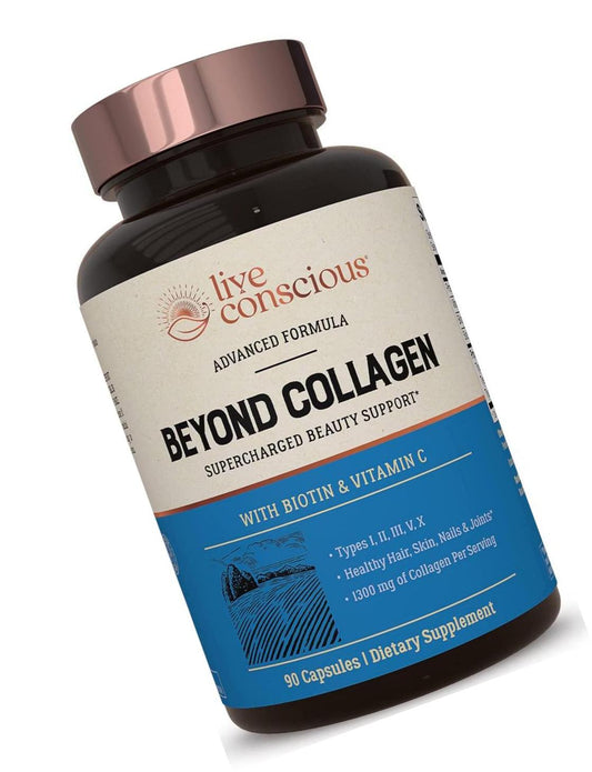 Beyond Collagen Multi Collagen Capsules - Types I, II, III, V and X | Hydrolyzed Blend with Biotin and Vitamin C for Hair, Skin, Nails | Live Conscious - 90 Capsules