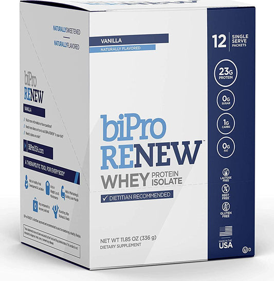 BiPro Renew 100% Whey Isolate Protein Powder, Dietician Recommended Dietary Supplement, Gluten Free, Vanilla, to-go Box (12 Single-Serve Packets)