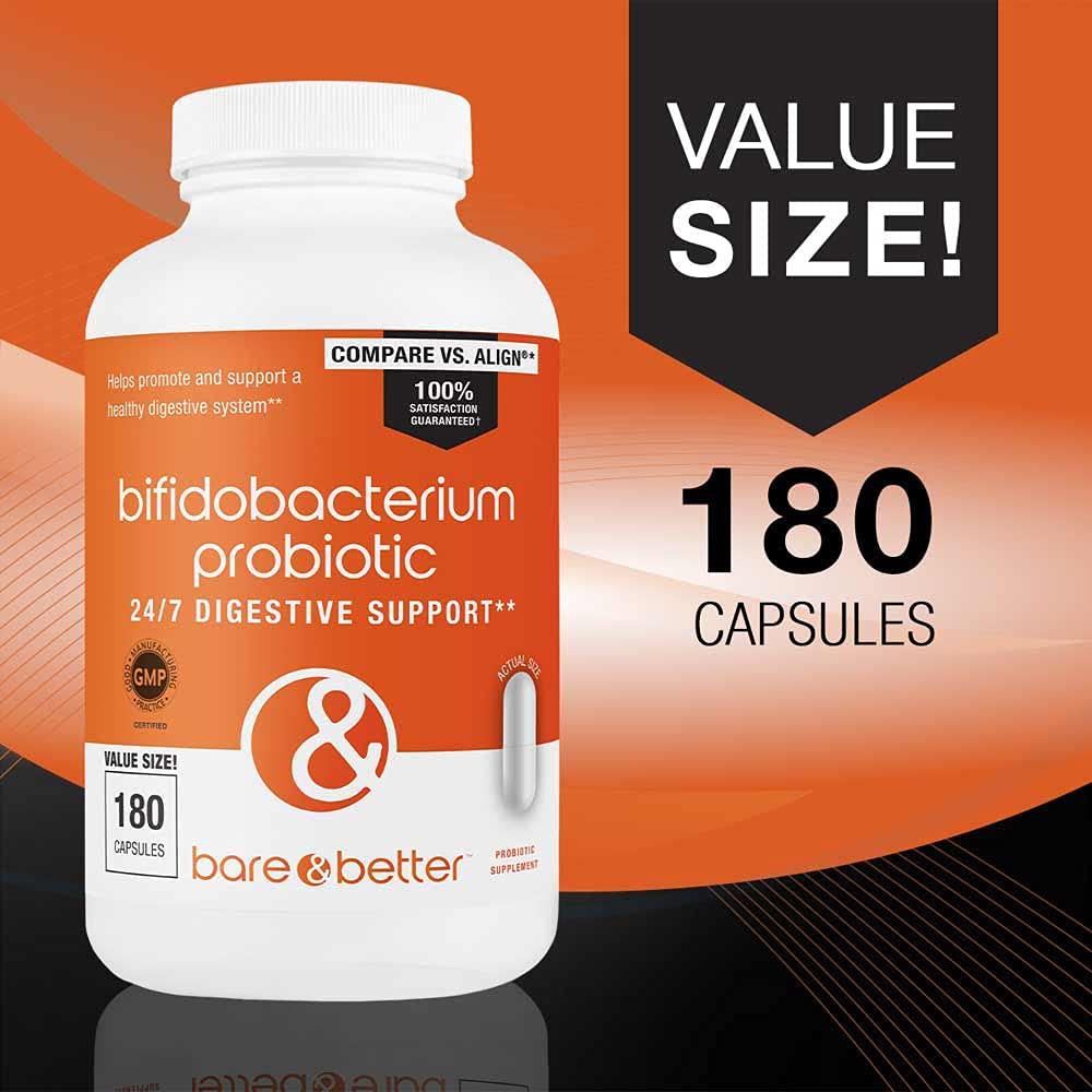 Bifidobacterium Probiotic Supplement by BARE and BETTER | Value Size 180 Count | 24/7 Digestive Support