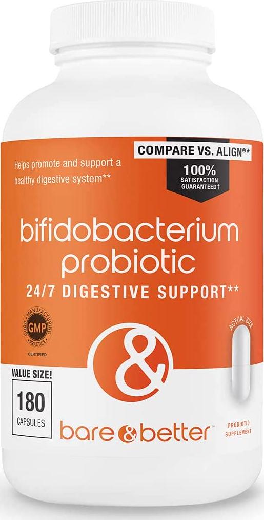 Bifidobacterium Probiotic Supplement by BARE and BETTER | Value Size 180 Count | 24/7 Digestive Support