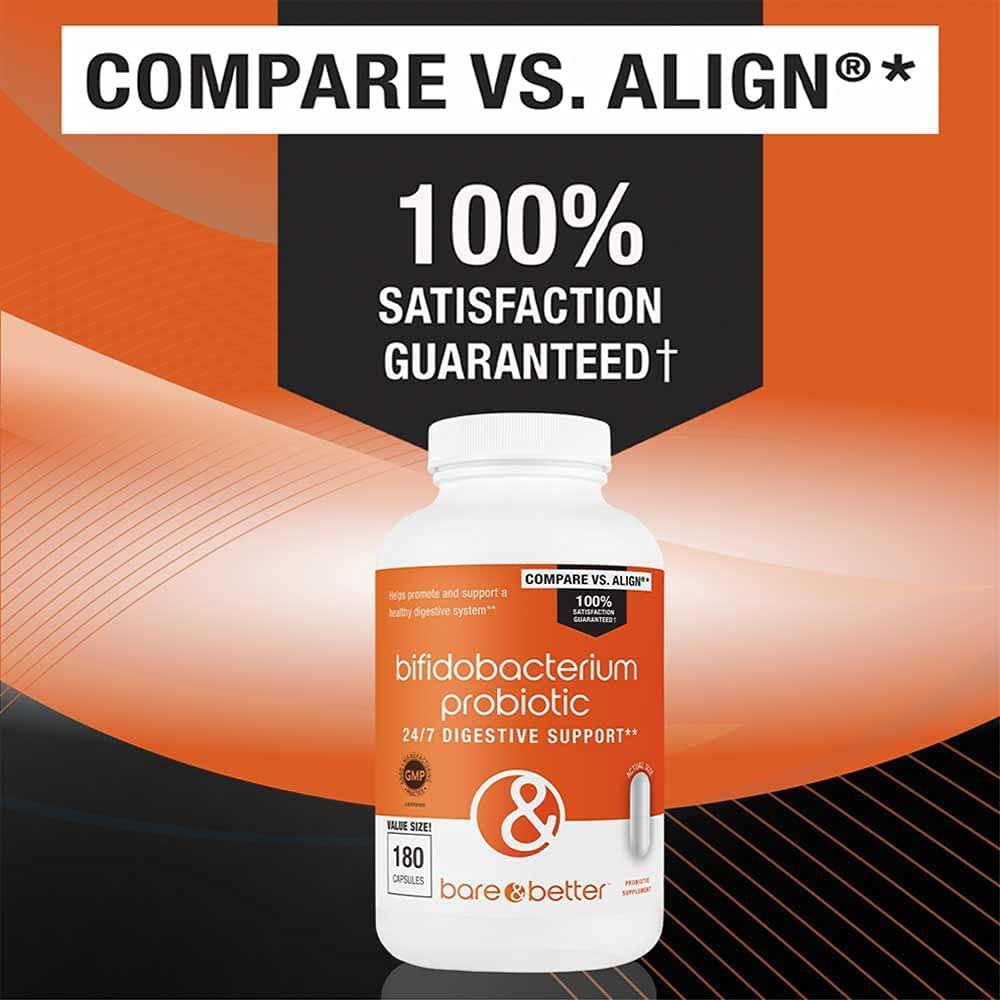 Bifidobacterium Probiotic Supplement by BARE and BETTER | Value Size 180 Count | 24/7 Digestive Support