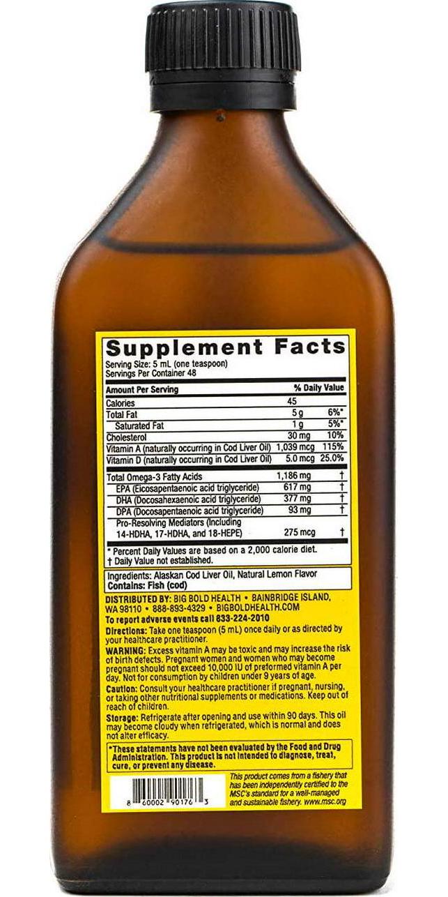 Big Bold Health Dutch Harbor Omega | Omega 3 Liquid Fish Oil Supplement | 250mL, 48 Servings, Natural Lemon Flavor |Wild Alaskan Cod Liver Fish Oil | Includes Omega-3 Fatty Acids with DPA, DHA, and EPA