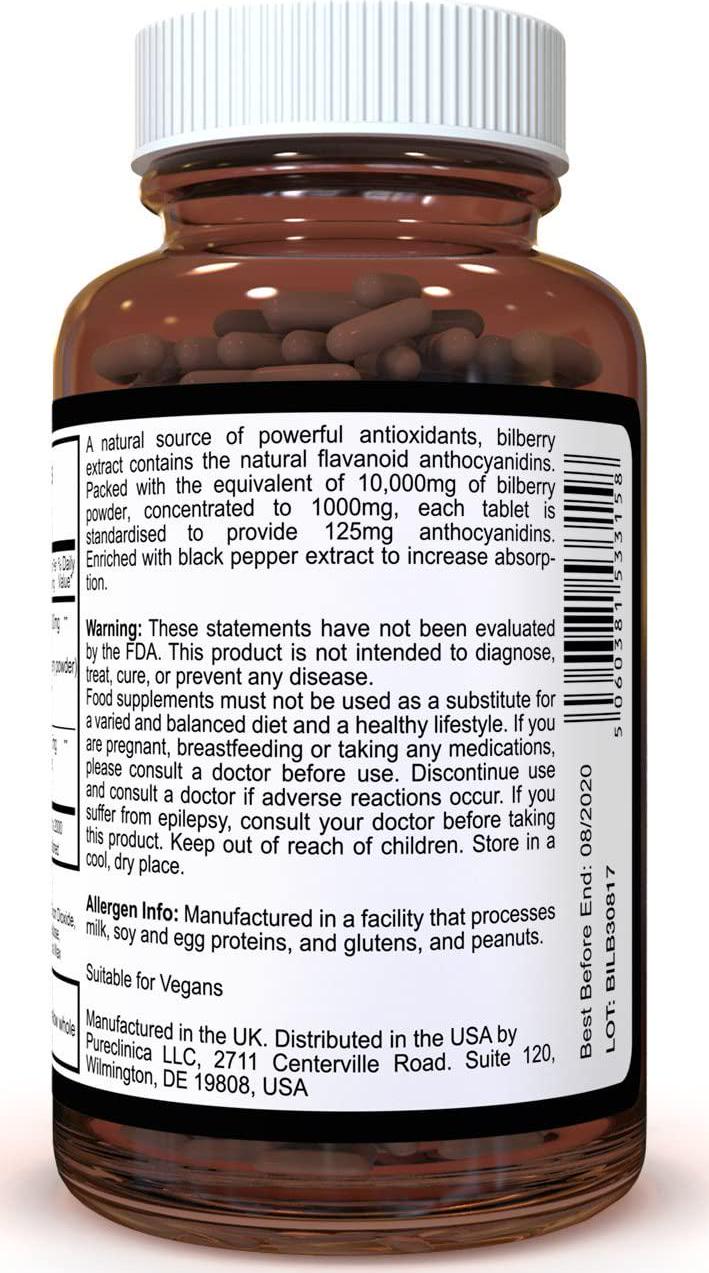 Bilberry Extract 10,000mg x 720 tablets (4 bottles) - 10 X more anthocyanidins per tablet than most others - AND 5mg black pepper extract for 300% increased absorption. SKU: BILB3x4