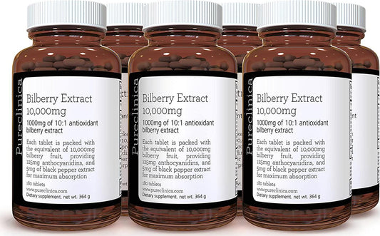 Bilberry Extract 10,000mg x 1080 Tablets (6 Bottles) - 10 X More anthocyanidins per Tablet Than Most Others - and 5mg Black Pepper Extract for 300% Increased Absorption. SKU: BILB3x6