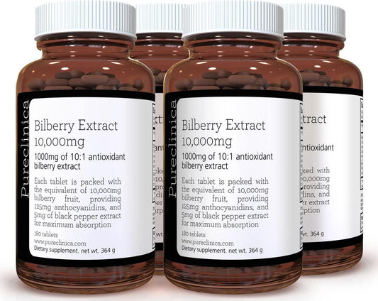 Bilberry Extract 10,000mg x 720 tablets (4 bottles) - 10 X more anthocyanidins per tablet than most others - AND 5mg black pepper extract for 300% increased absorption. SKU: BILB3x4