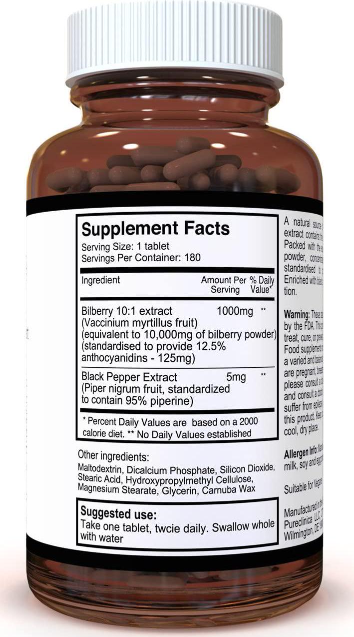 Bilberry Extract 10,000mg x 720 tablets (4 bottles) - 10 X more anthocyanidins per tablet than most others - AND 5mg black pepper extract for 300% increased absorption. SKU: BILB3x4