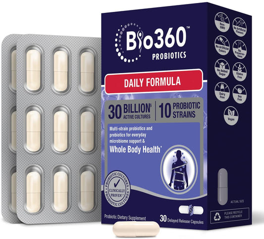 Bio360 Probiotic Daily Formula | Vegan Prebiotics and Probiotics for Women and Men | 30 Billion CFU 10 Strain | Stable Blister Pack | 30 Supplements