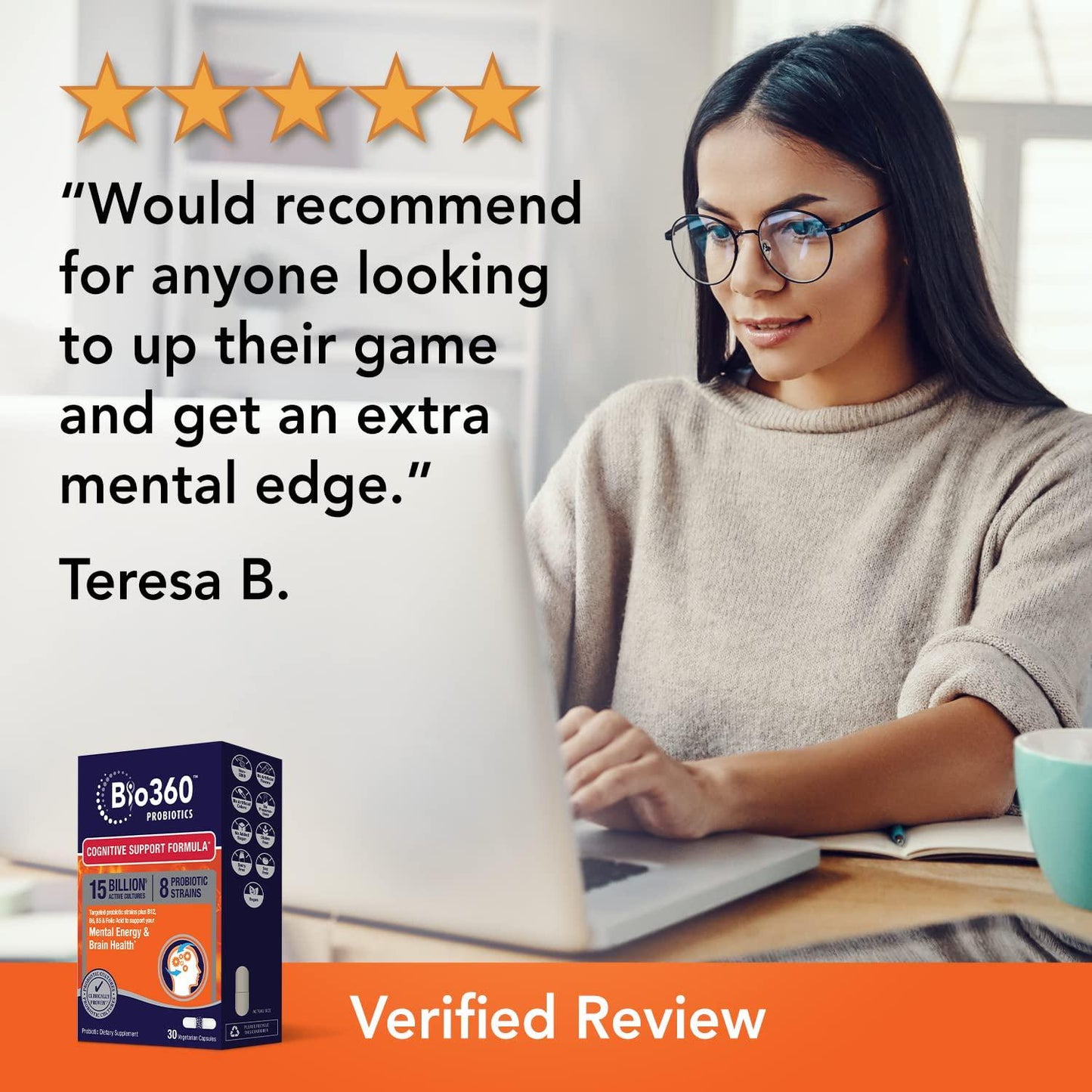 Bio360 Probiotics | Cognitive Support Formula | Brain Health and Mental Energy Probiotic for Women and Men | Vitamin-enriched | 30 Vegan Supplements