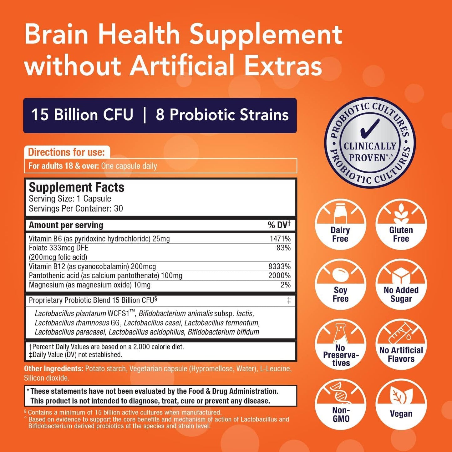 Bio360 Probiotics | Cognitive Support Formula | Brain Health and Mental Energy Probiotic for Women and Men | Vitamin-enriched | 30 Vegan Supplements