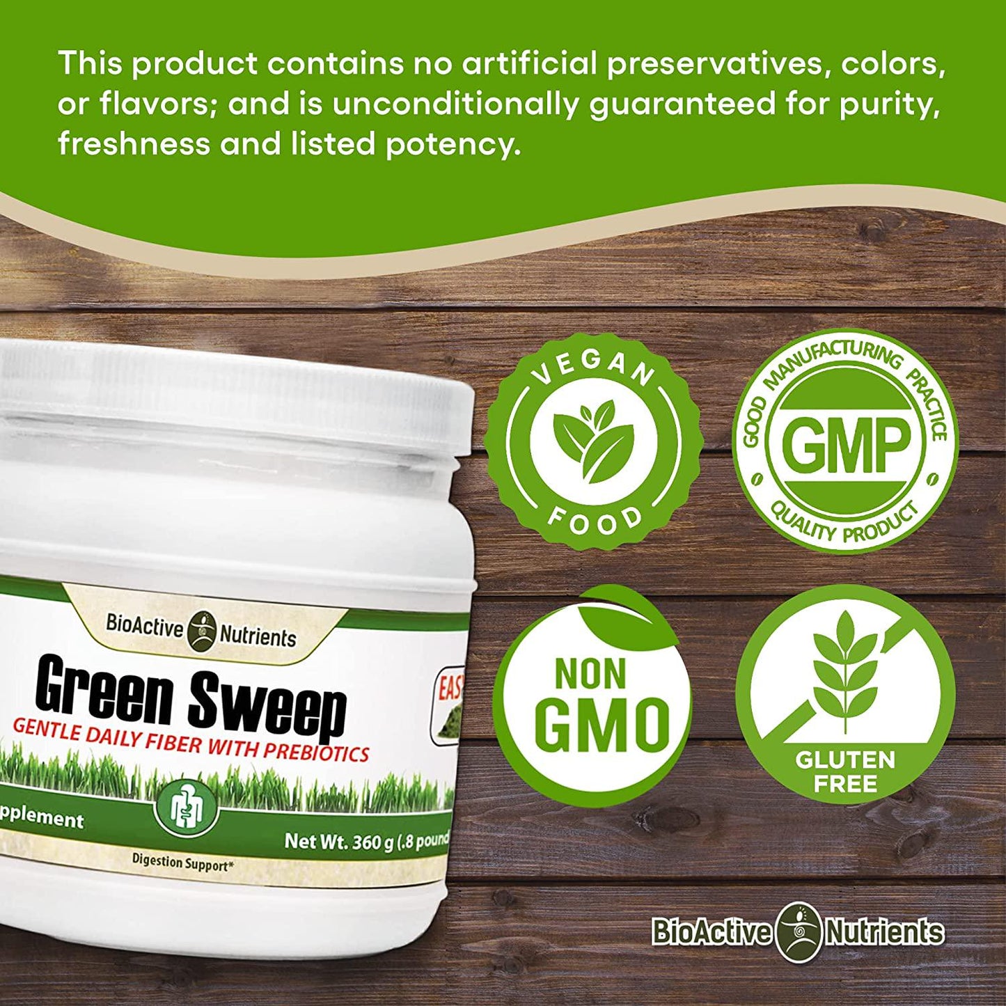 BioActive Nutrients Green Sweep Prebiotic Fiber Supplement - Advanced Daily Fiber Powder Supplements with Complete Prebiotics for a Gut Health Boost and a Healthy Life - for Women and Men - 360 Grams