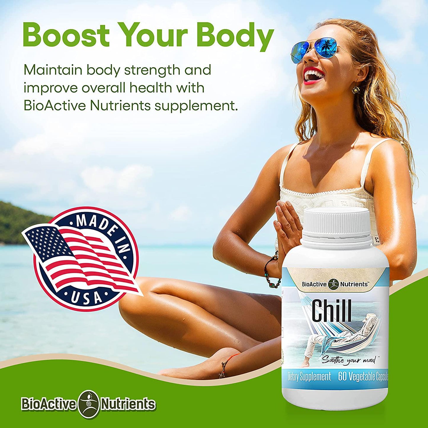 BioActive Nutrients Chill Supplement - Stress Relief, Anxiety Relief - Ashwagandha Pills - Pure, Calm Mood Boost Supplements with Herbs from Nature, Such as Ashwagandha Root - 60 Ashwagandha Capsules