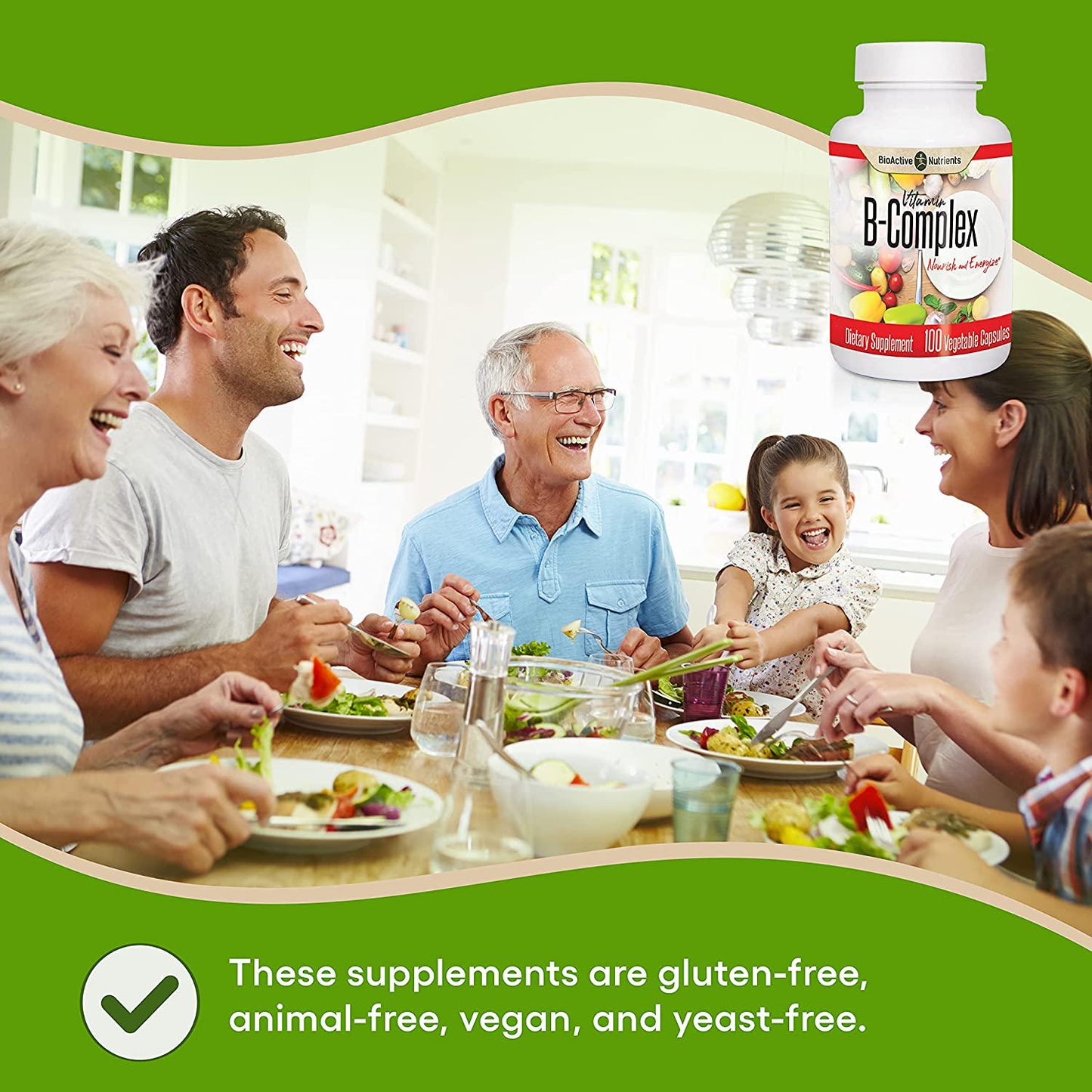 BioActive Nutrients Vitamin B Complex Dietary Supplement - 100 Vegetable Capsules - Scientific Blend to Nourish and Energize - Essential for Overall Health