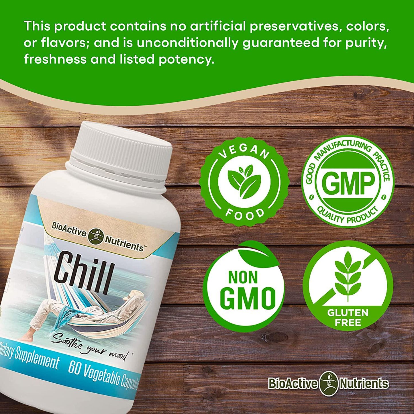 BioActive Nutrients Chill Supplement - Stress Relief, Anxiety Relief - Ashwagandha Pills - Pure, Calm Mood Boost Supplements with Herbs from Nature, Such as Ashwagandha Root - 60 Ashwagandha Capsules