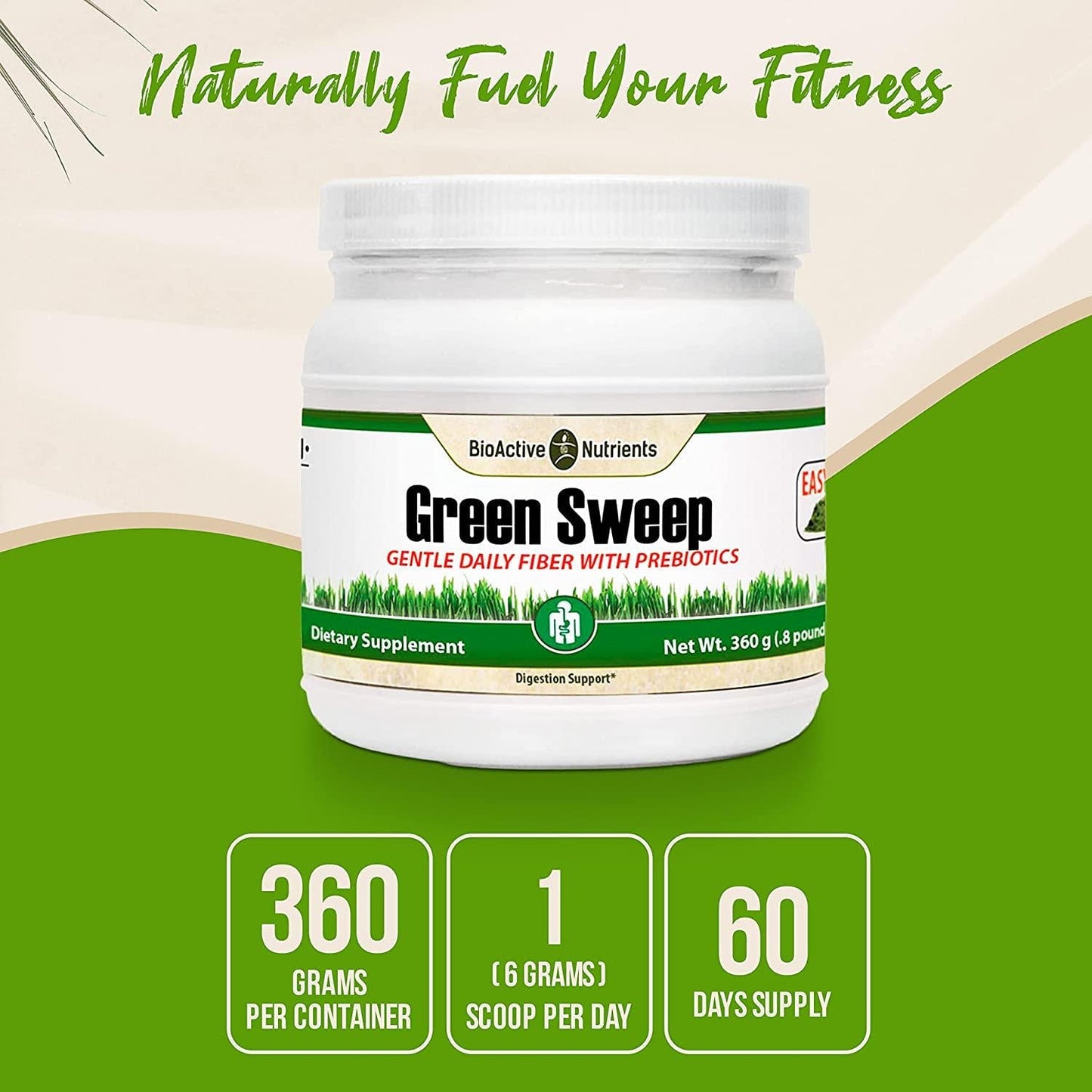 BioActive Nutrients Green Sweep Prebiotic Fiber Supplement - Advanced Daily Fiber Powder Supplements with Complete Prebiotics for a Gut Health Boost and a Healthy Life - for Women and Men - 360 Grams