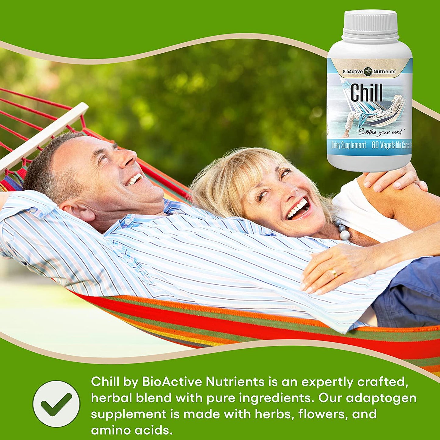 BioActive Nutrients Chill Supplement - Stress Relief, Anxiety Relief - Ashwagandha Pills - Pure, Calm Mood Boost Supplements with Herbs from Nature, Such as Ashwagandha Root - 60 Ashwagandha Capsules