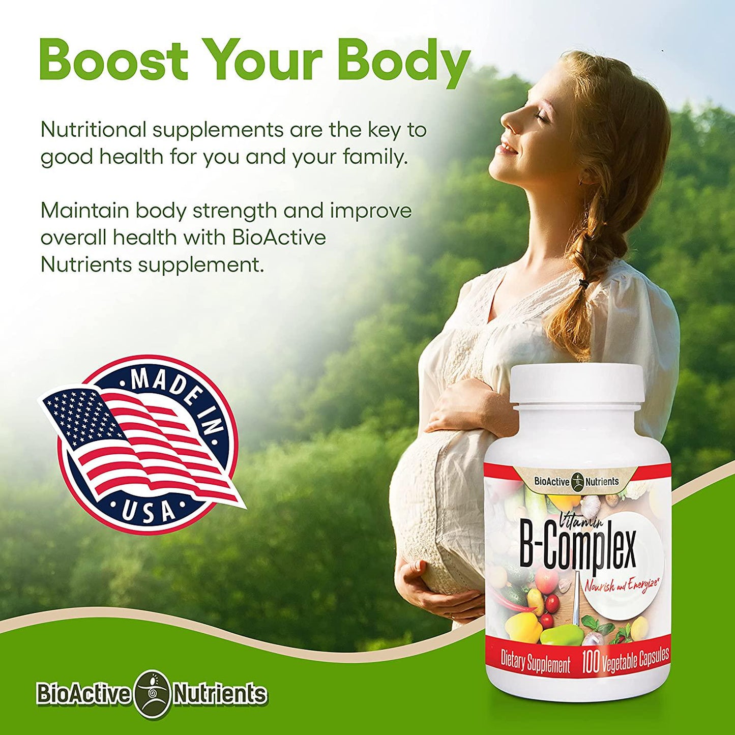 BioActive Nutrients Vitamin B Complex Dietary Supplement - 100 Vegetable Capsules - Scientific Blend to Nourish and Energize - Essential for Overall Health