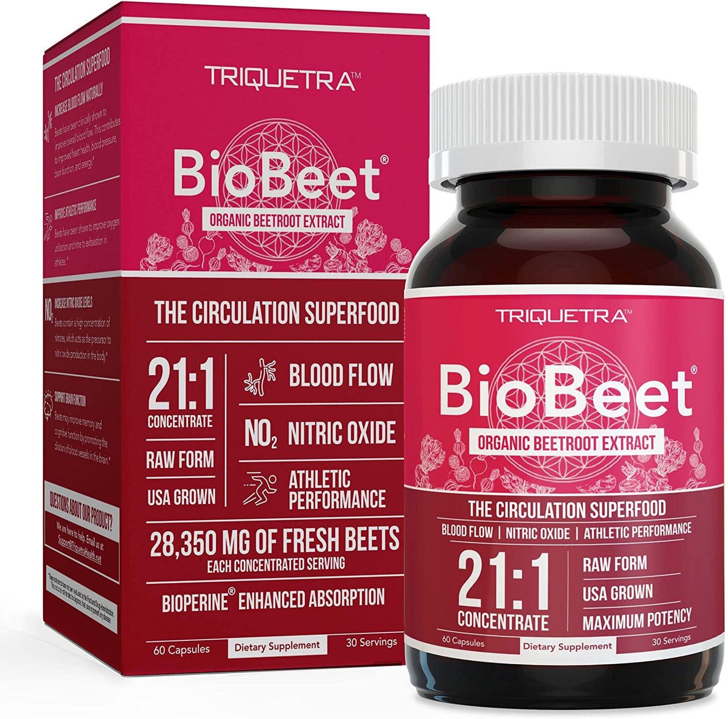BioBeet Max Strength Beet Root Capsules - 21:1 Concentrate, Each Serving Derived from 28,350 mg Organic Beetroot - Absorption Enhancement with BioPerine Black Pepper Extract (60 Capsules)