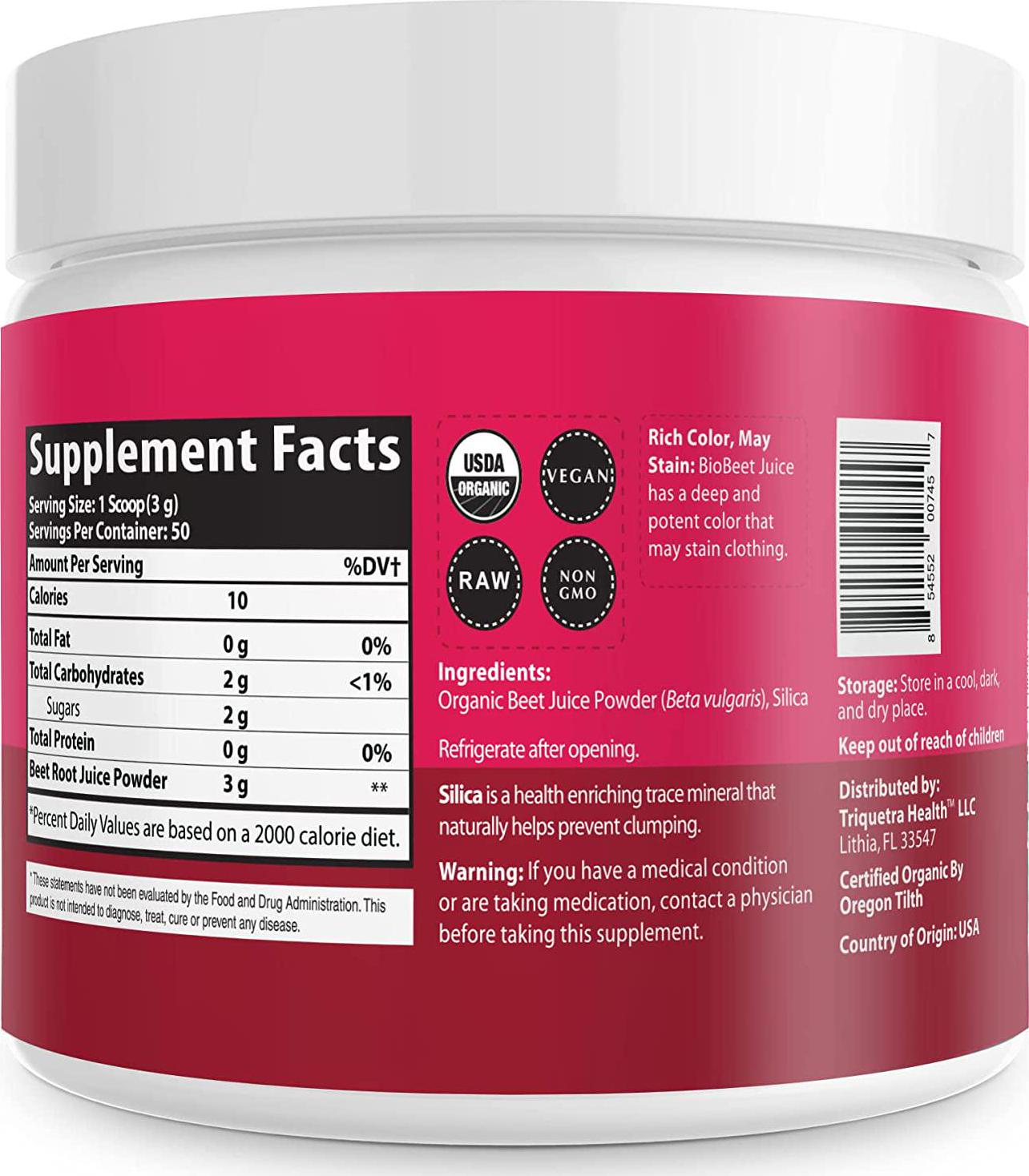 BioBeetÂ Max Strength Beet Root Juice Powder 20:1 Concentrate, Each Serving Derived from 60,000 mg Organic Beetroot - Cold-Pressed, USA Grown Nitric Oxide, Circulation Support 50 Servings