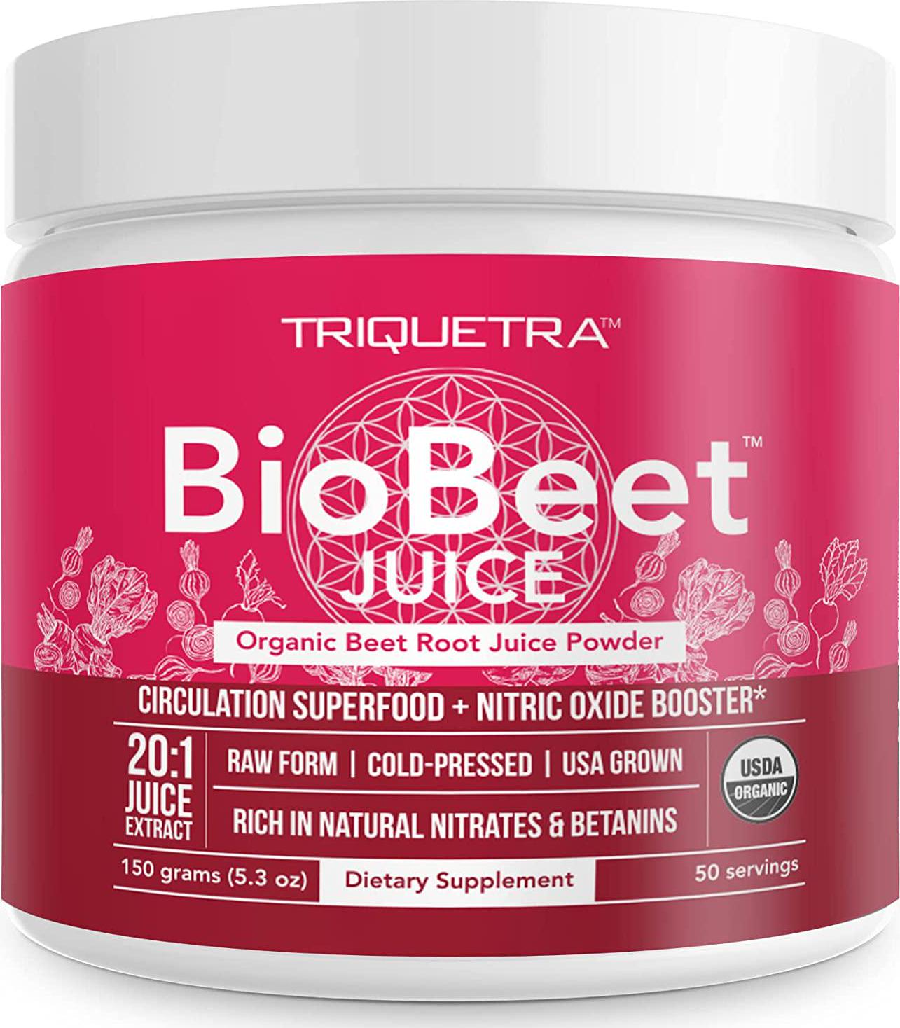 BioBeetÂ Max Strength Beet Root Juice Powder 20:1 Concentrate, Each Serving Derived from 60,000 mg Organic Beetroot - Cold-Pressed, USA Grown Nitric Oxide, Circulation Support 50 Servings
