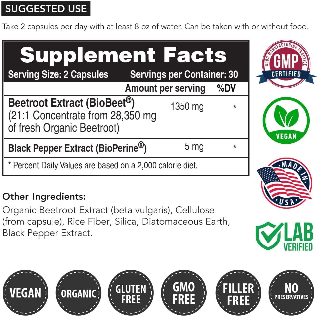 BioBeet Max Strength Beet Root Capsules - 21:1 Concentrate, Each Serving Derived from 28,350 mg Organic Beetroot - Absorption Enhancement with BioPerine Black Pepper Extract (60 Capsules)
