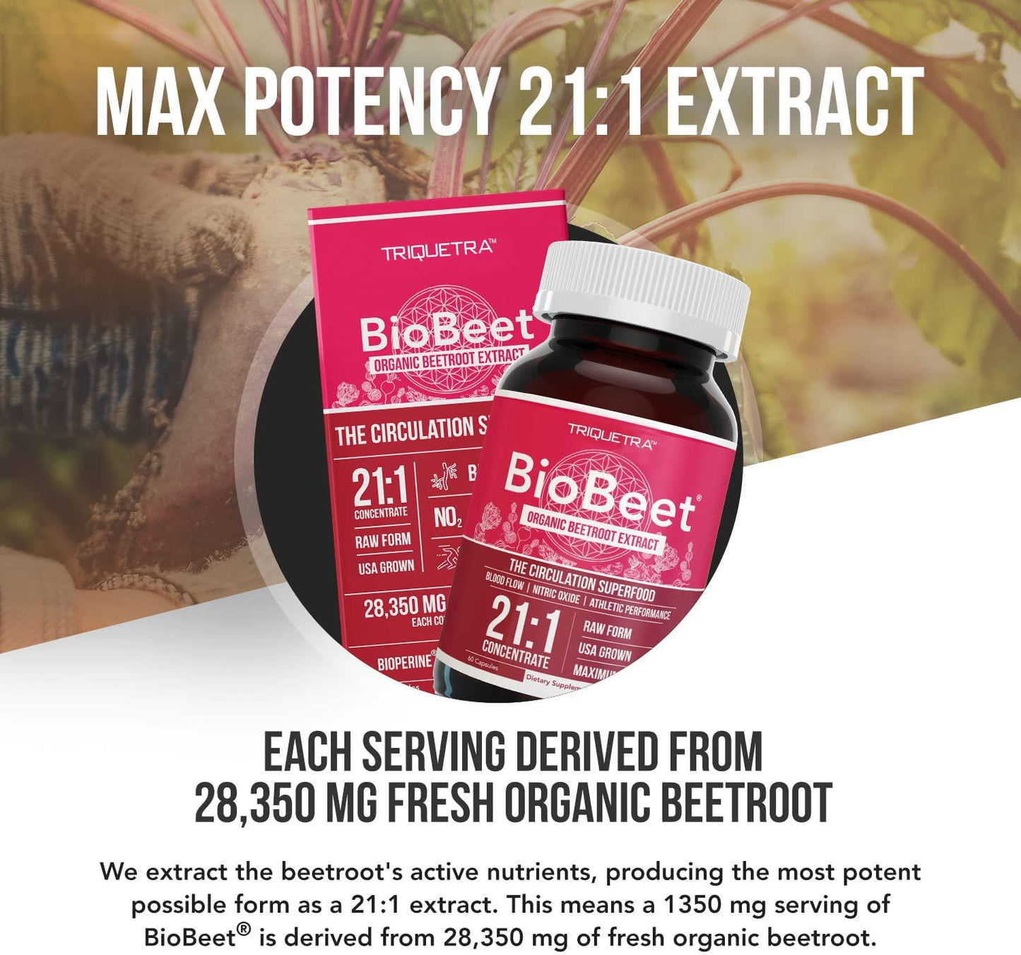 BioBeet Max Strength Beet Root Capsules - 21:1 Concentrate, Each Serving Derived from 28,350 mg Organic Beetroot - Absorption Enhancement with BioPerine Black Pepper Extract (60 Capsules)