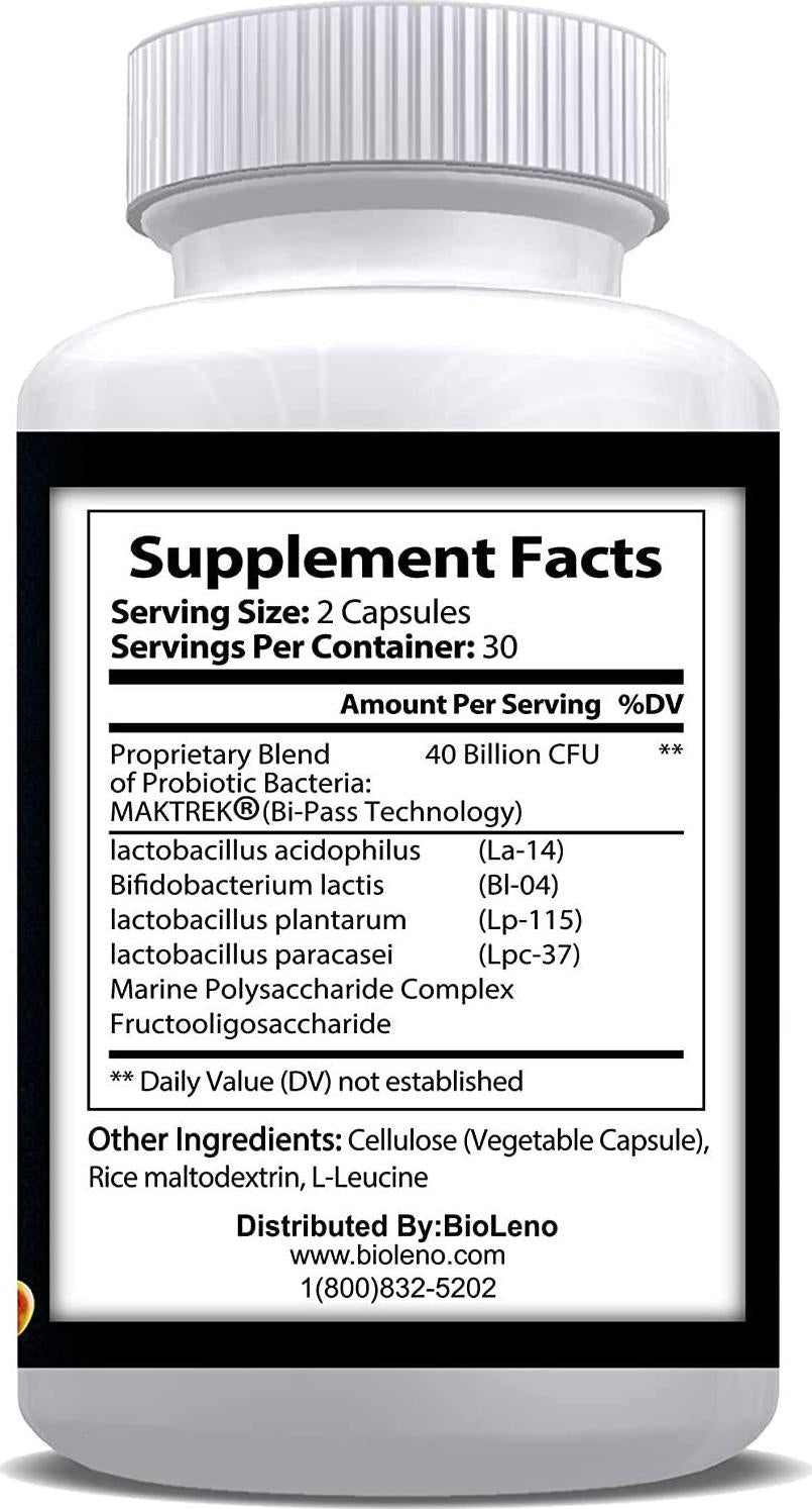 BioLeno Probiotic 40 Billion CFU/g for Men and Women - Probiotic with Lactobacillus Acidophilus - Bi-Pass Technology - No Refrigeration - Probiotic Supplements for Digestive Health | 60 Capsules