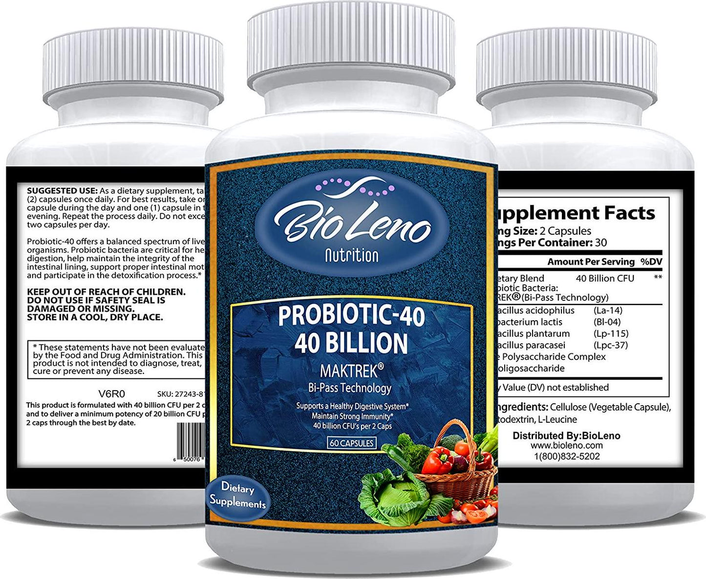 BioLeno Probiotic 40 Billion CFU/g for Men and Women - Probiotic with Lactobacillus Acidophilus - Bi-Pass Technology - No Refrigeration - Probiotic Supplements for Digestive Health | 60 Capsules