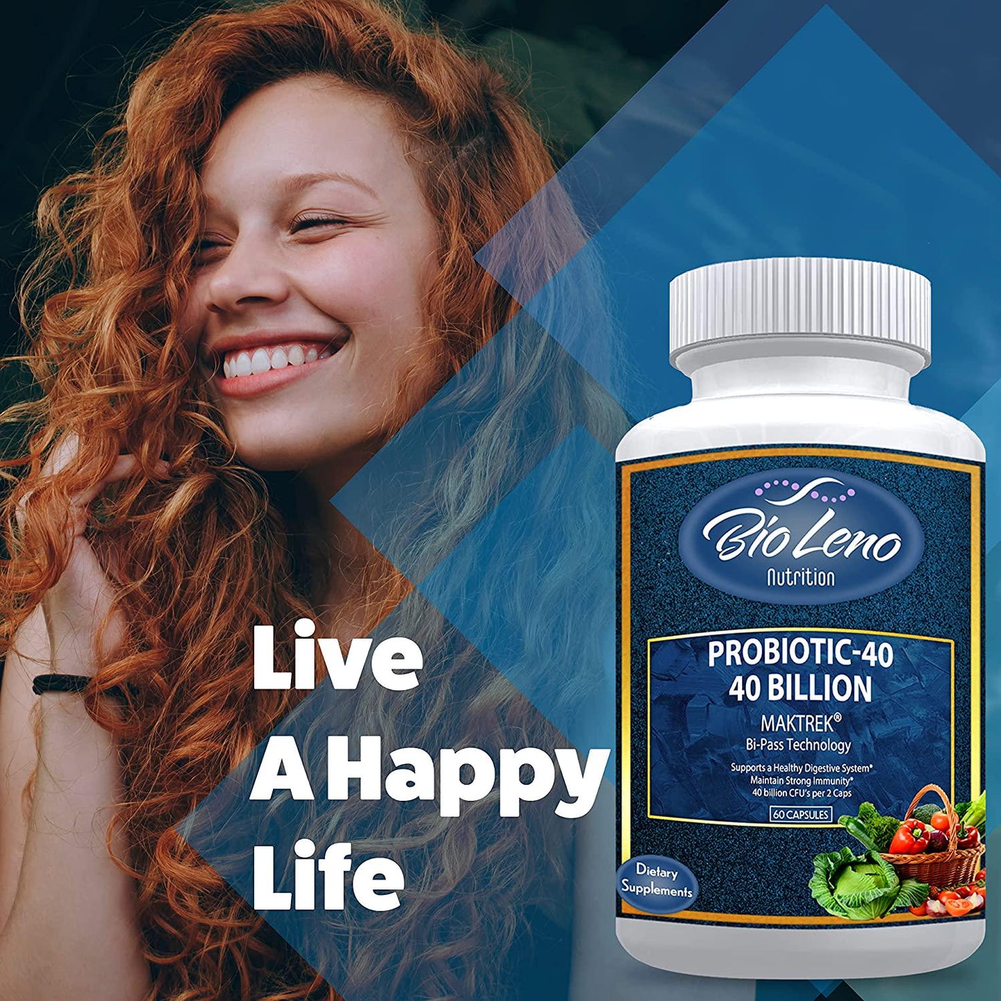 BioLeno Probiotic 40 Billion CFU/g for Men and Women - Probiotic with Lactobacillus Acidophilus - Bi-Pass Technology - No Refrigeration - Probiotic Supplements for Digestive Health | 60 Capsules