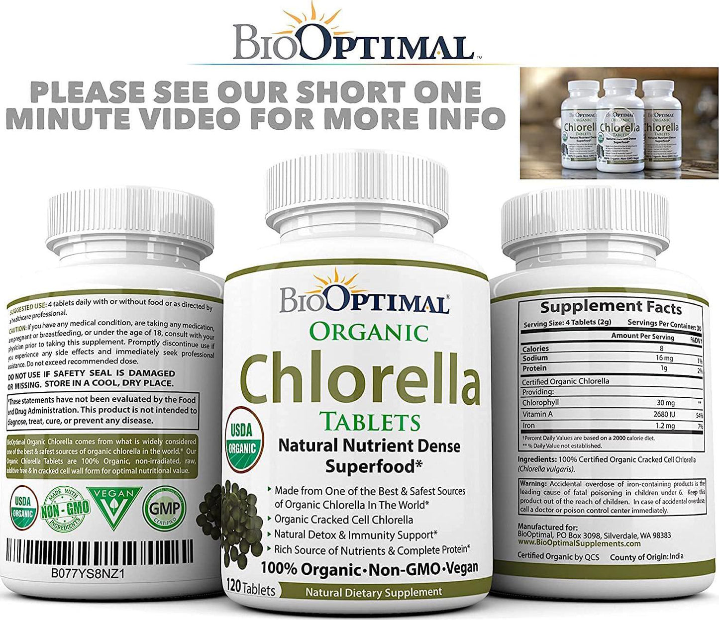 BioOptimal Chlorella, Organic Chlorella Tablets, 100% USDA Organic, Premium Quality 4 Organic Certifications, Non-GMO, No Additives Capsules Or Fillers,120 Count