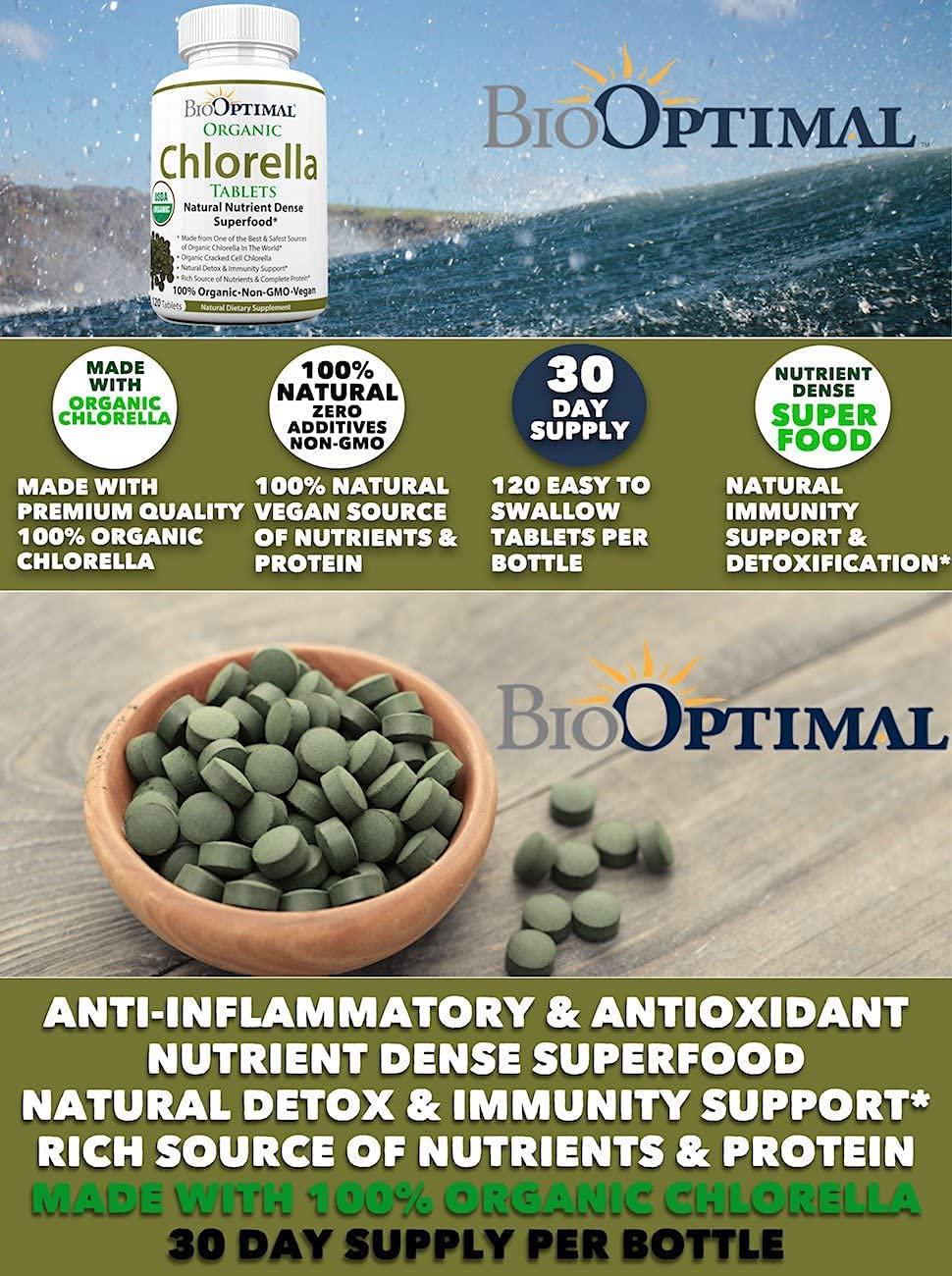 BioOptimal Chlorella, Organic Chlorella Tablets, 100% USDA Organic, Premium Quality 4 Organic Certifications, Non-GMO, No Additives Capsules Or Fillers,120 Count