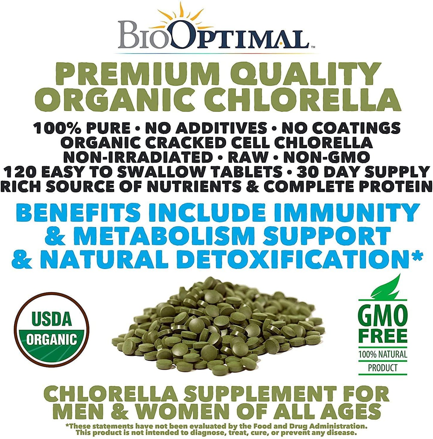 BioOptimal Chlorella, Organic Chlorella Tablets, 100% USDA Organic, Premium Quality 4 Organic Certifications, Non-GMO, No Additives Capsules Or Fillers,120 Count
